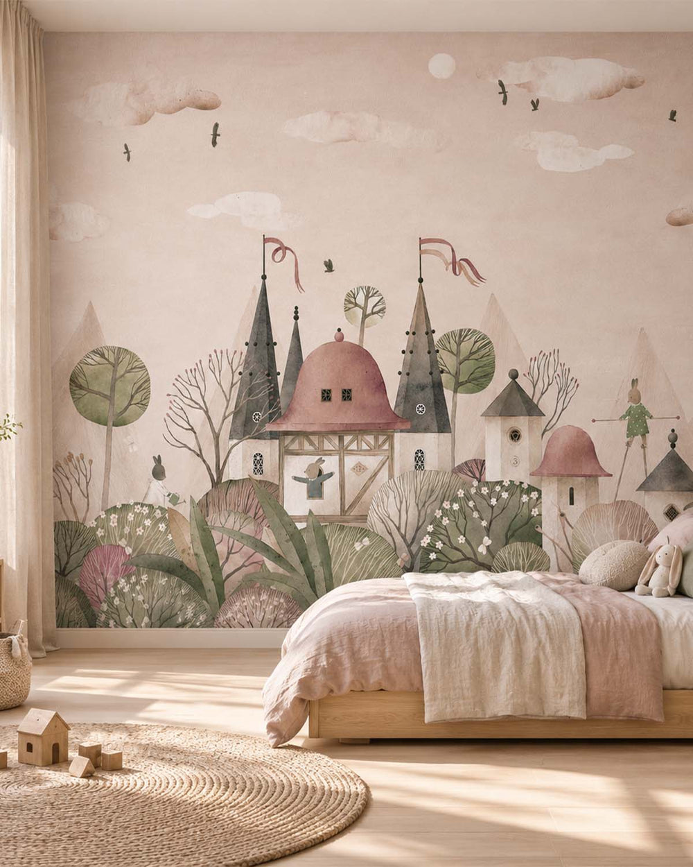 Gardenia Beige Enchanted Fairytale Castle & Bunnies Residential Mural RM9146