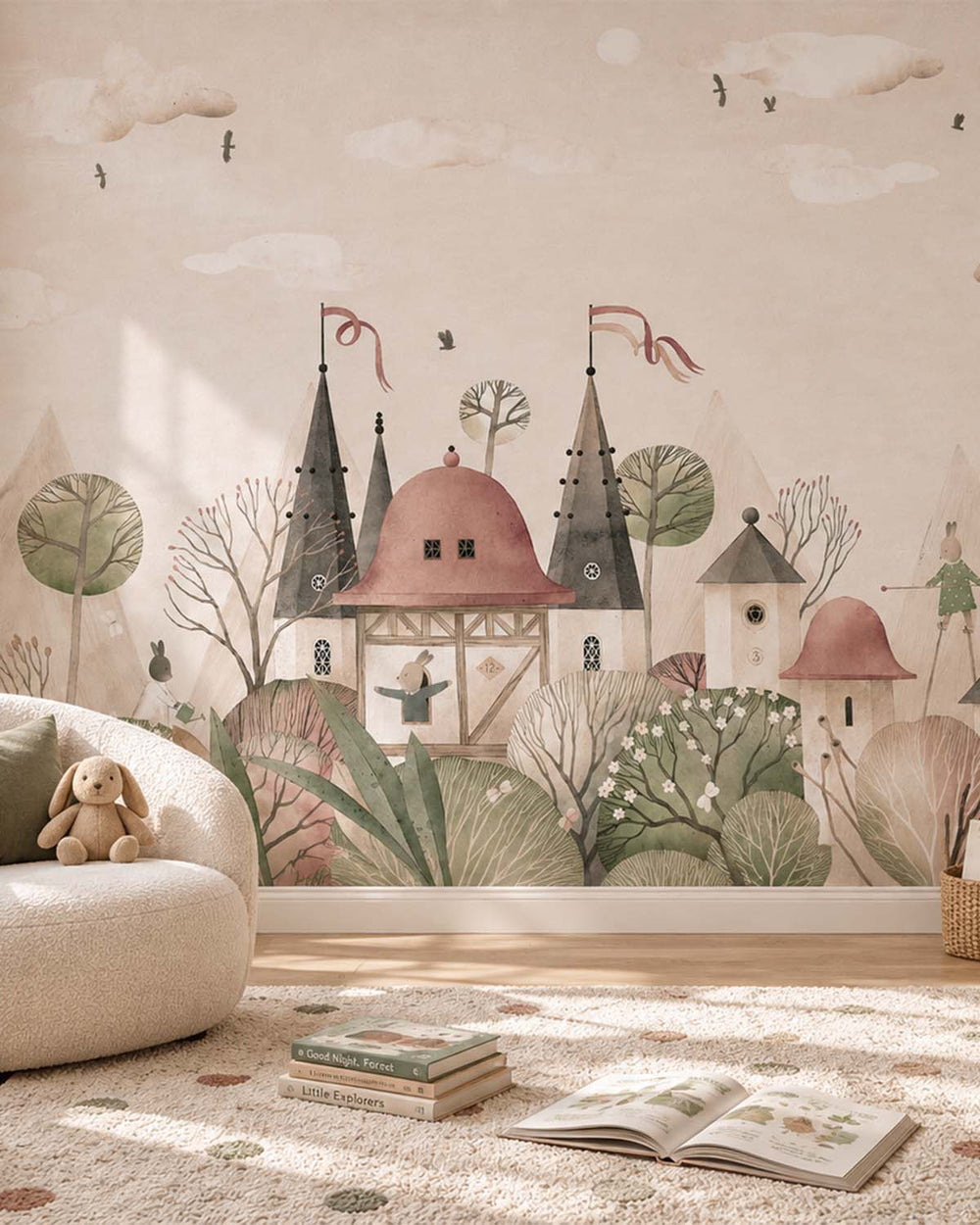 Gardenia Beige Enchanted Fairytale Castle & Bunnies Residential Mural RM9146