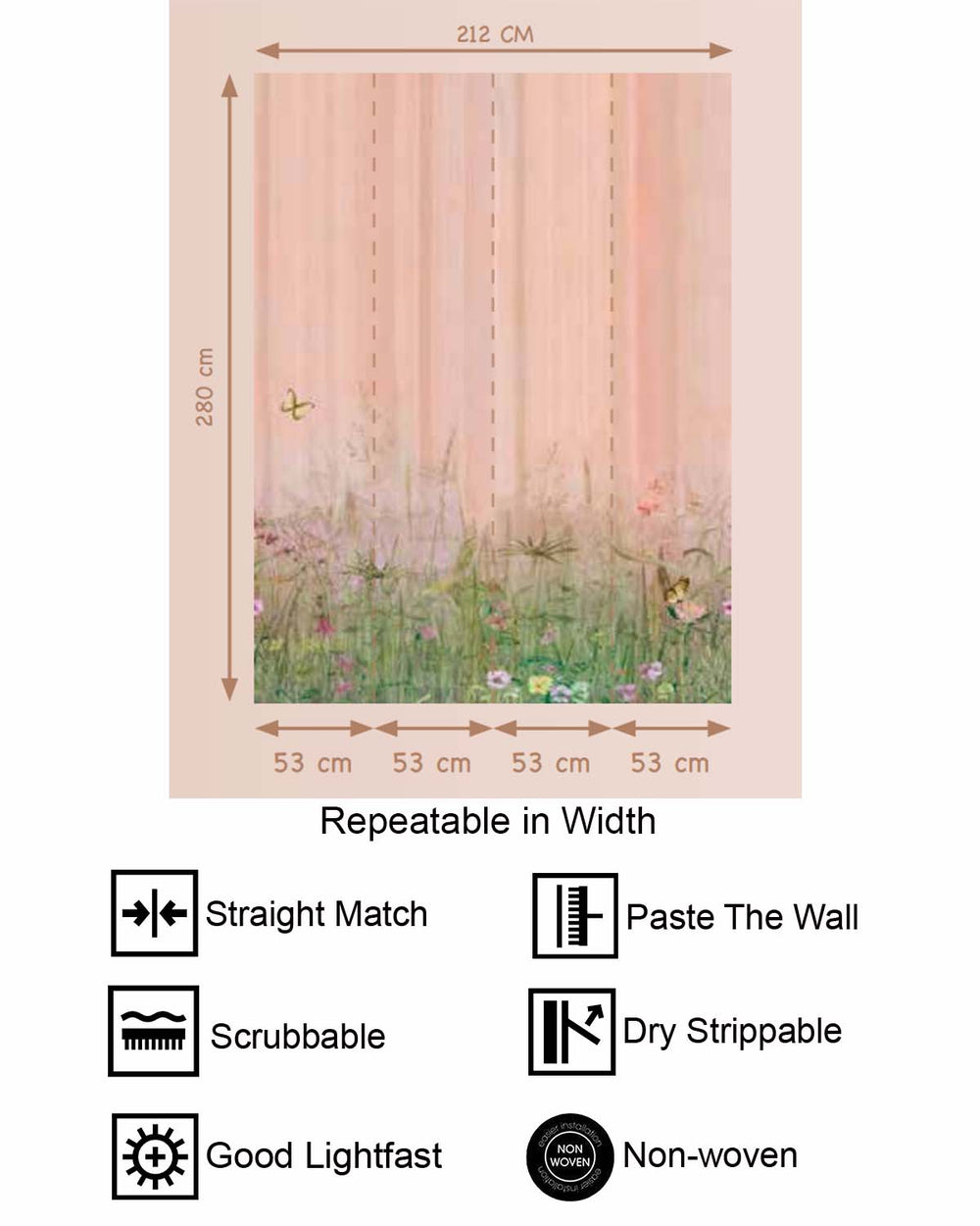 Retro Peach Watercolor Wildflower Meadow  Residential Mural RM9149