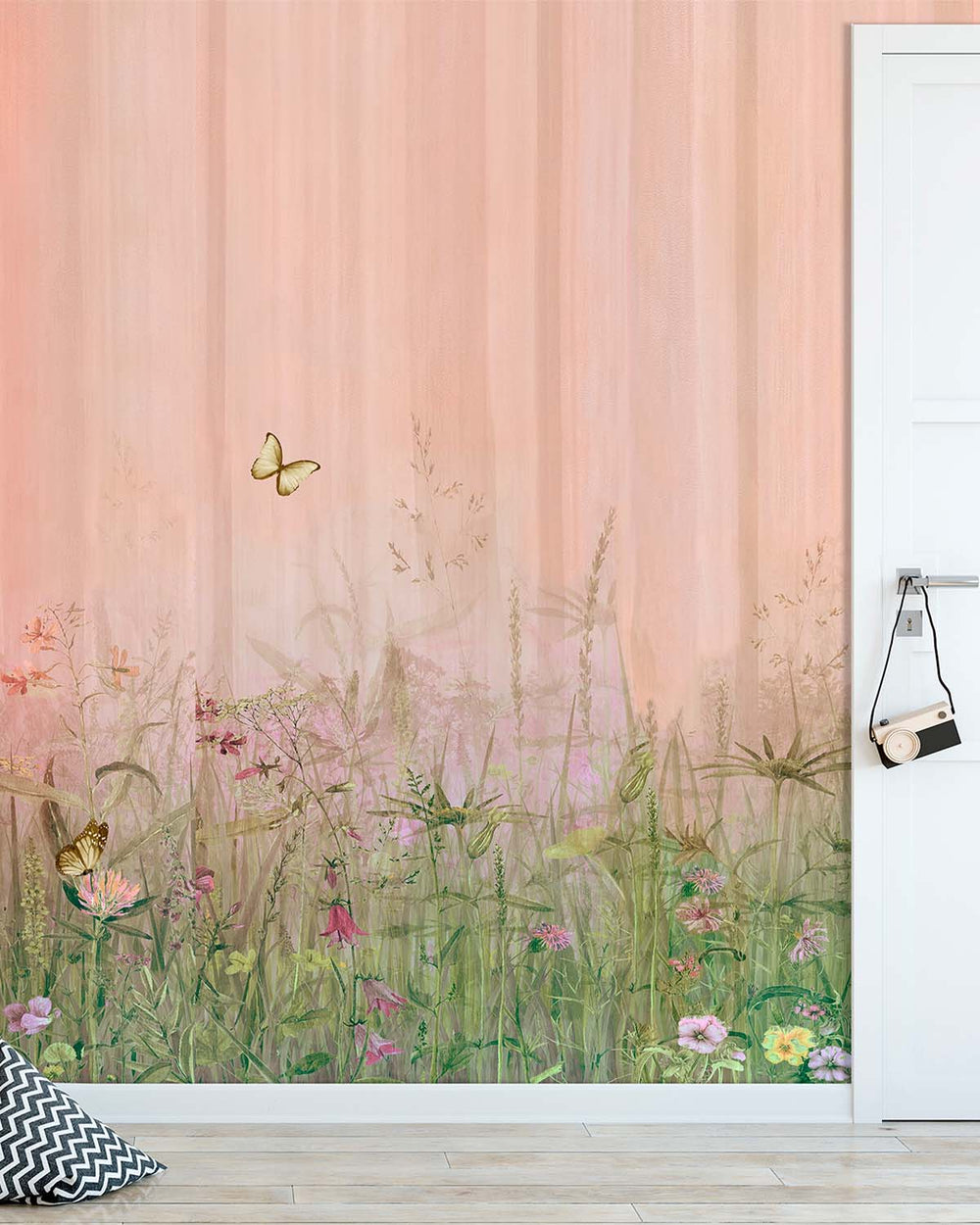 Retro Peach Watercolor Wildflower Meadow  Residential Mural RM9149
