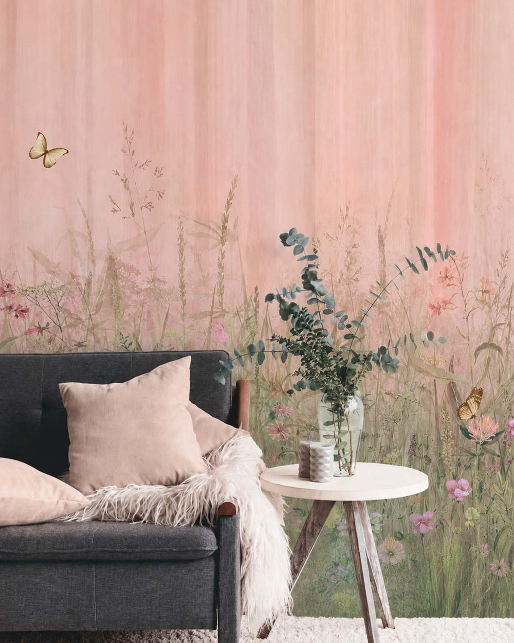 Retro Peach Watercolor Wildflower Meadow  Residential Mural RM9149