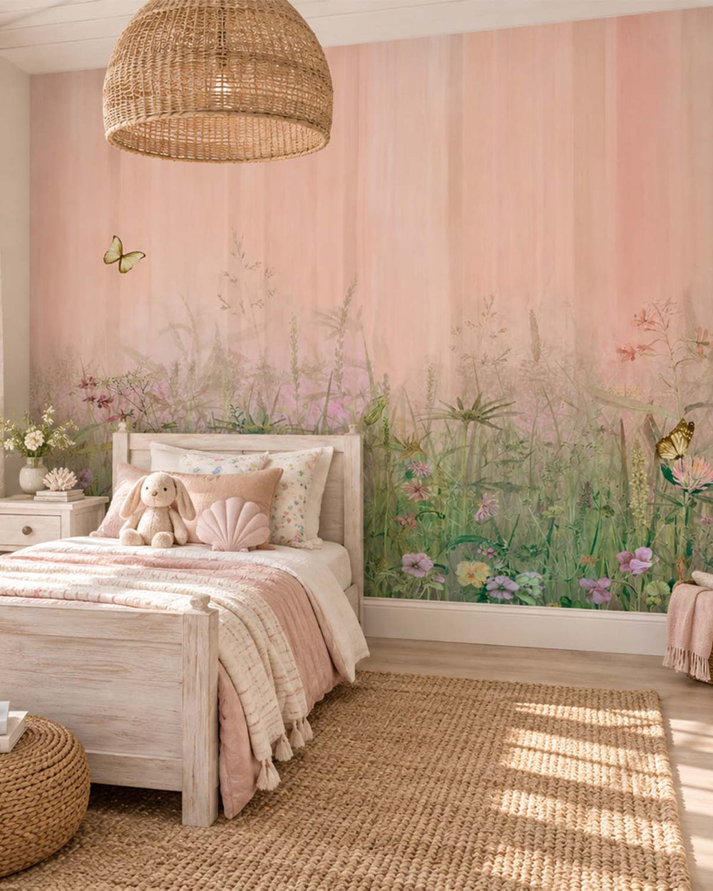 Retro Peach Watercolor Wildflower Meadow  Residential Mural RM9149