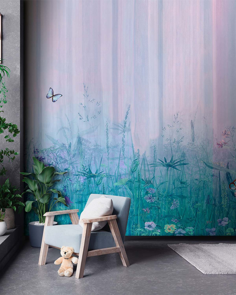 Blue Hydrangea Watercolor Wildflower Meadow  Residential Mural RM9150