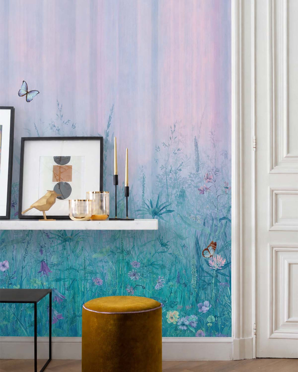 Blue Hydrangea Watercolor Wildflower Meadow  Residential Mural RM9150