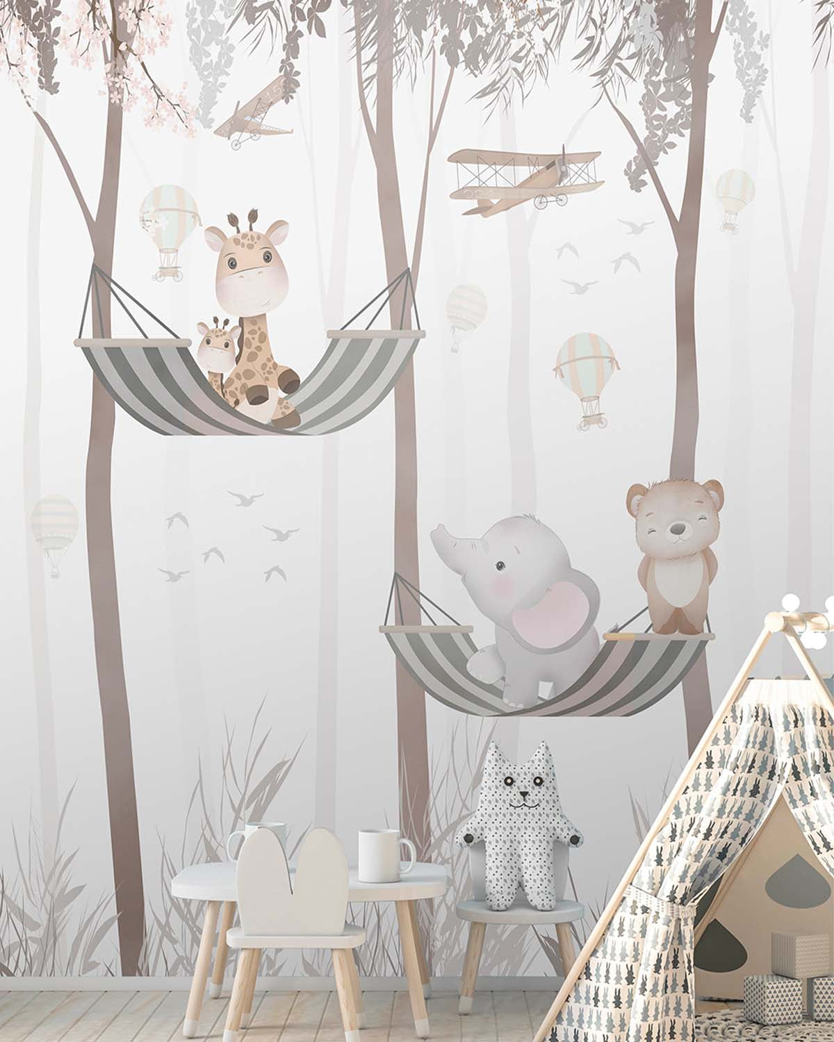 Iris Mauve Woodland Animals in Hammocks Wallpaper Panels RM9152