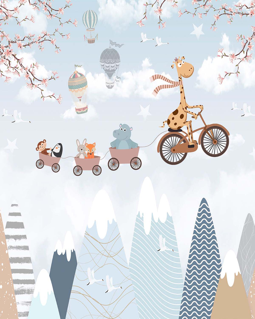 Pale Grey Blue Whimsical Animals Bicycle Train Residential Mural RM9153