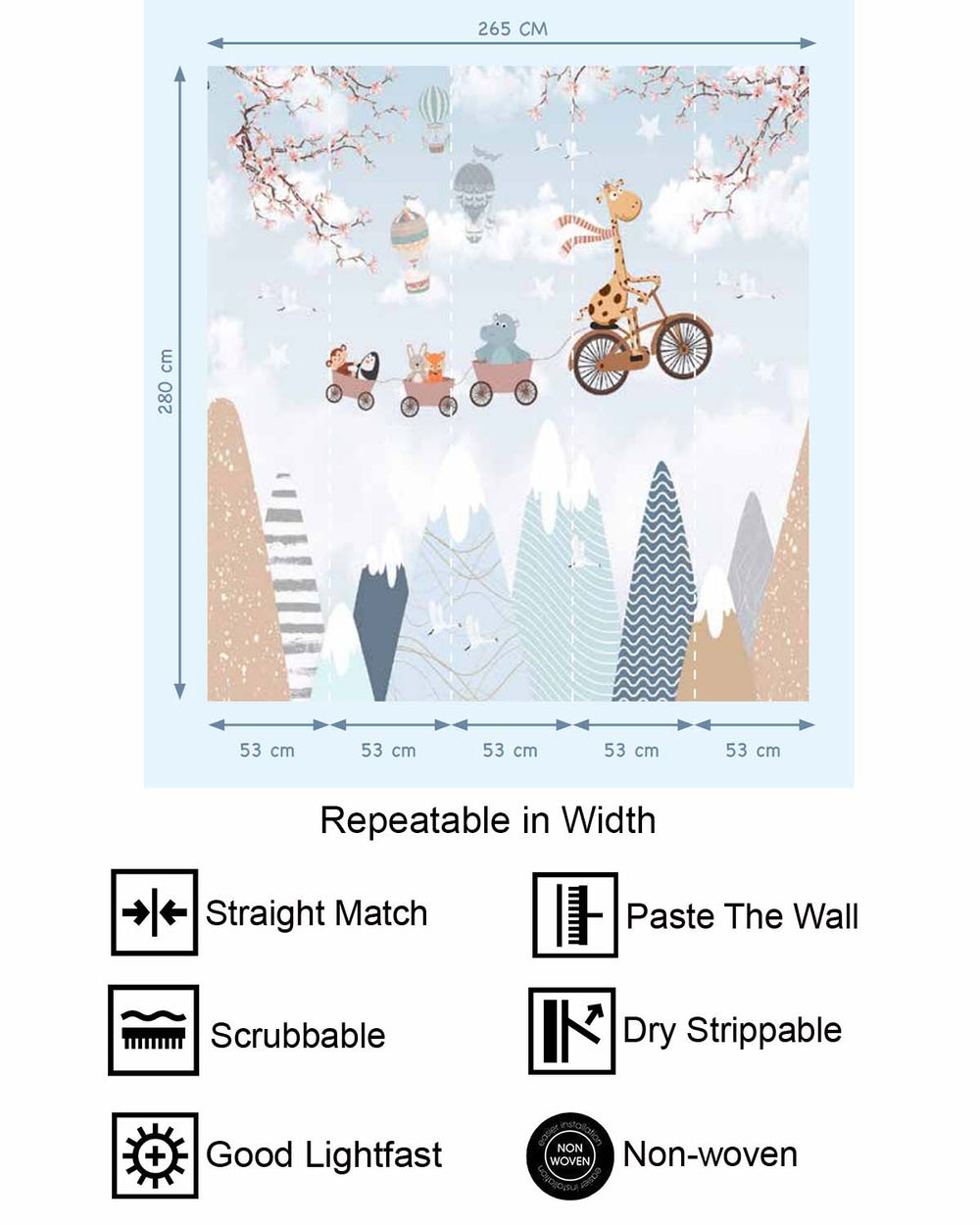 Pale Grey Blue Whimsical Animals Bicycle Train Residential Mural RM9153