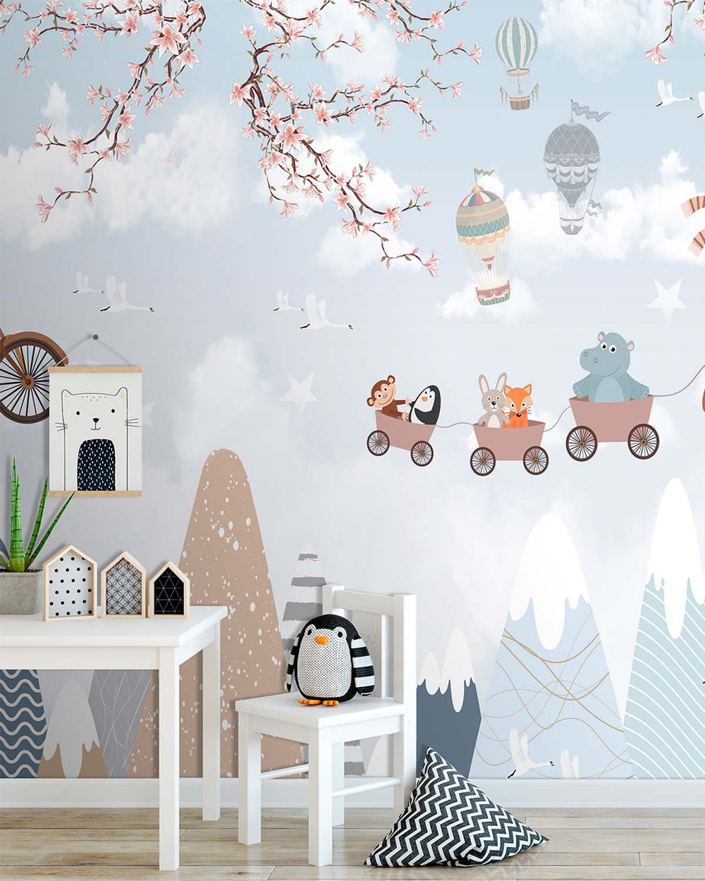 Pale Grey Blue Whimsical Animals Bicycle Train Residential Mural RM9153