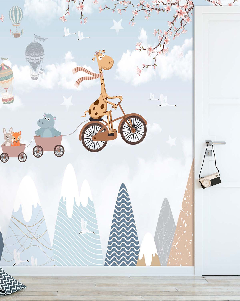 Pale Grey Blue Whimsical Animals Bicycle Train Residential Mural RM9153