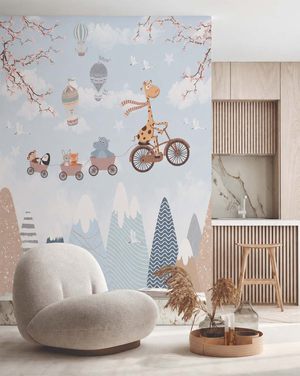 Pale Grey Blue Whimsical Animals Bicycle Train Residential Mural RM9153