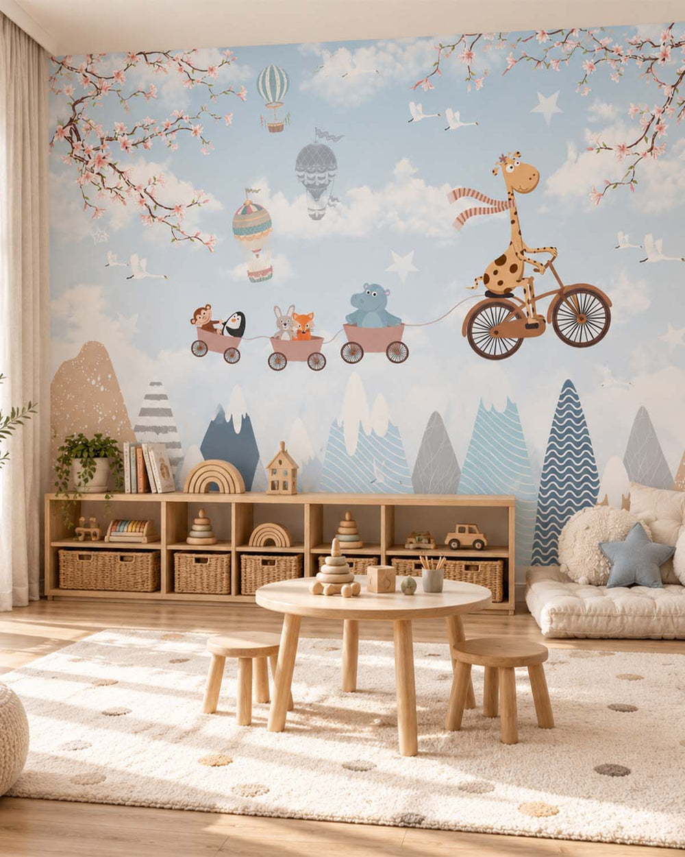 Pale Grey Blue Whimsical Animals Bicycle Train Residential Mural RM9153