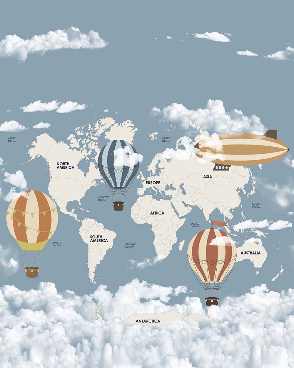 Blue Prince Vintage  Hot Air Balloon World Map Residential Mural RM9156