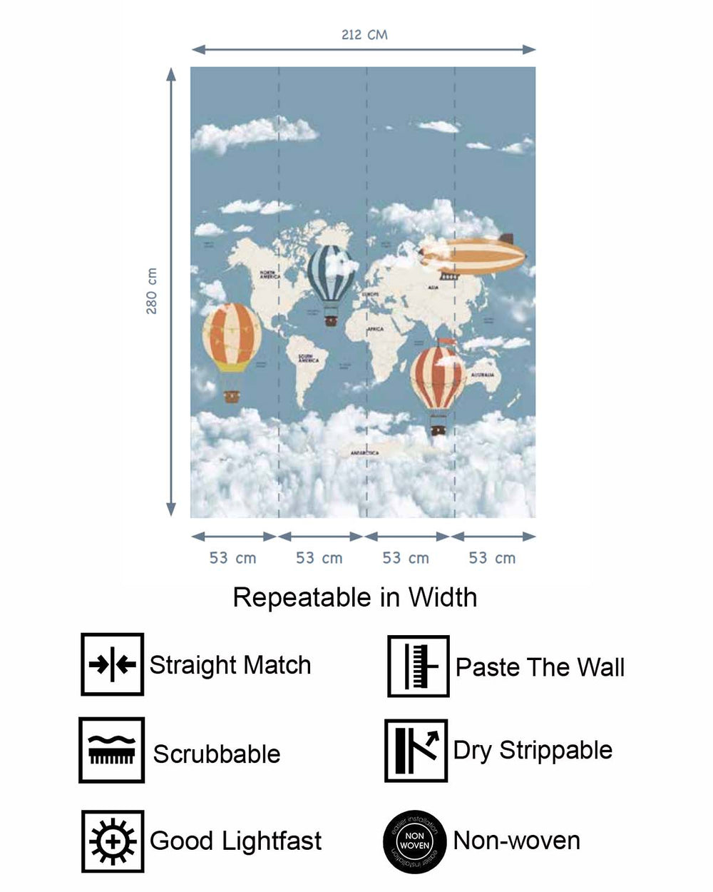 Blue Prince Vintage  Hot Air Balloon World Map Residential Mural RM9156