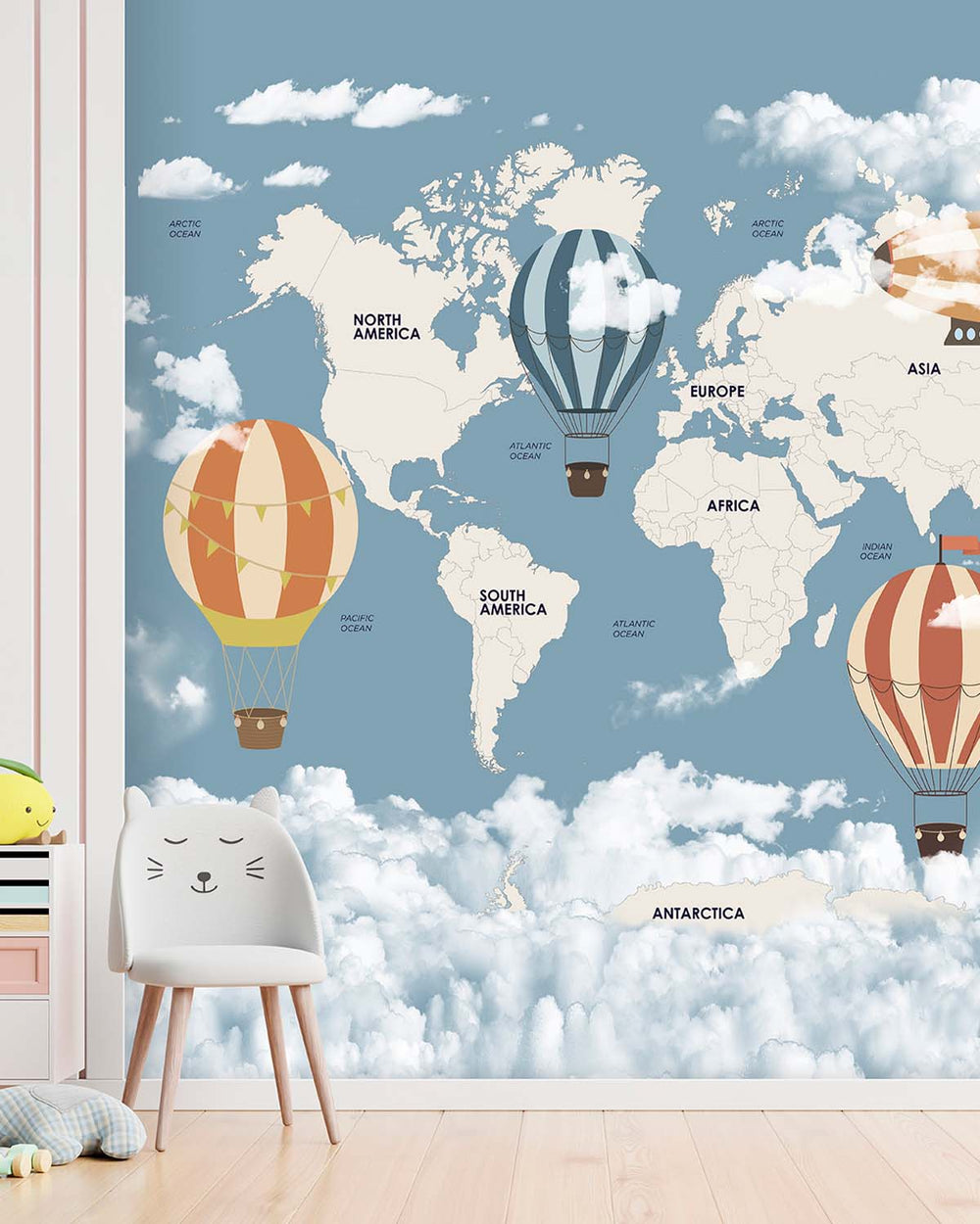 Blue Prince Vintage  Hot Air Balloon World Map Residential Mural RM9156