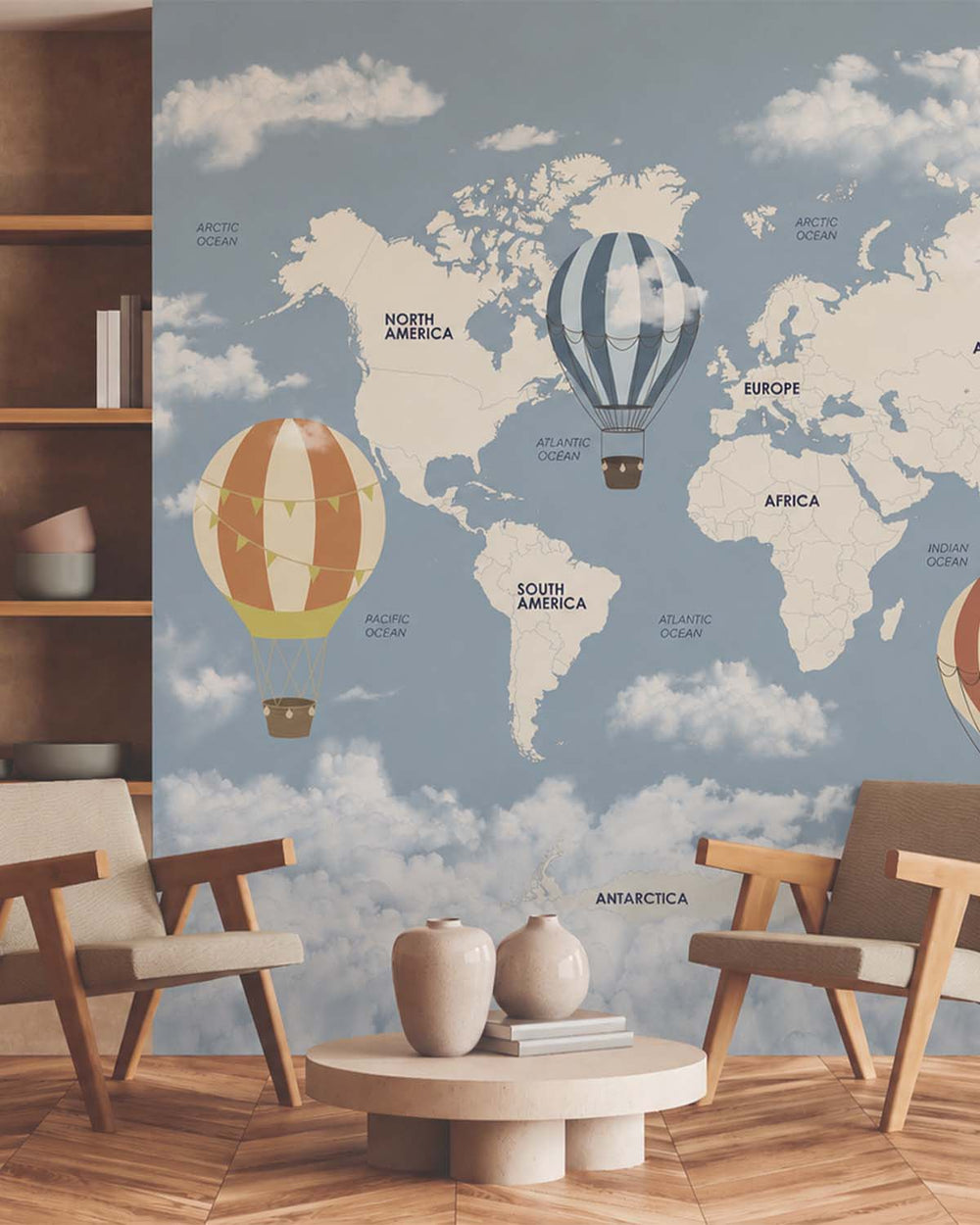 Blue Prince Vintage  Hot Air Balloon World Map Residential Mural RM9156