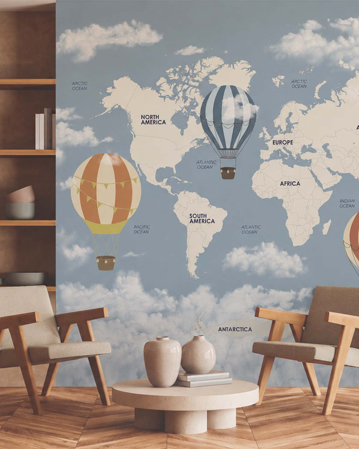 Blue Prince Vintage  Hot Air Balloon World Map Wallpaper Panels RM9156