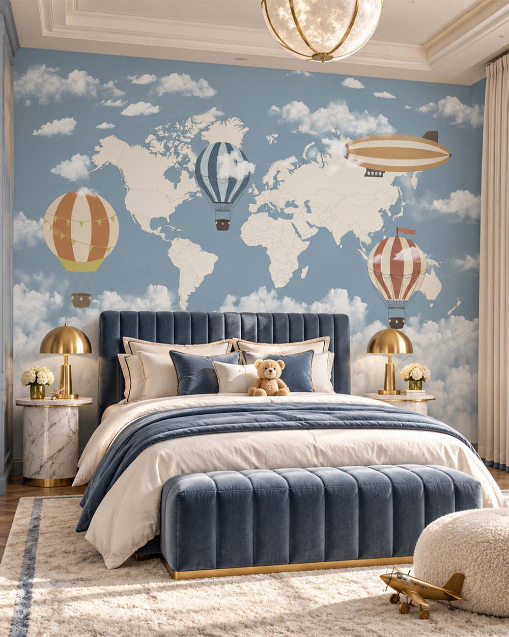 Blue Prince Vintage  Hot Air Balloon World Map Residential Mural RM9156