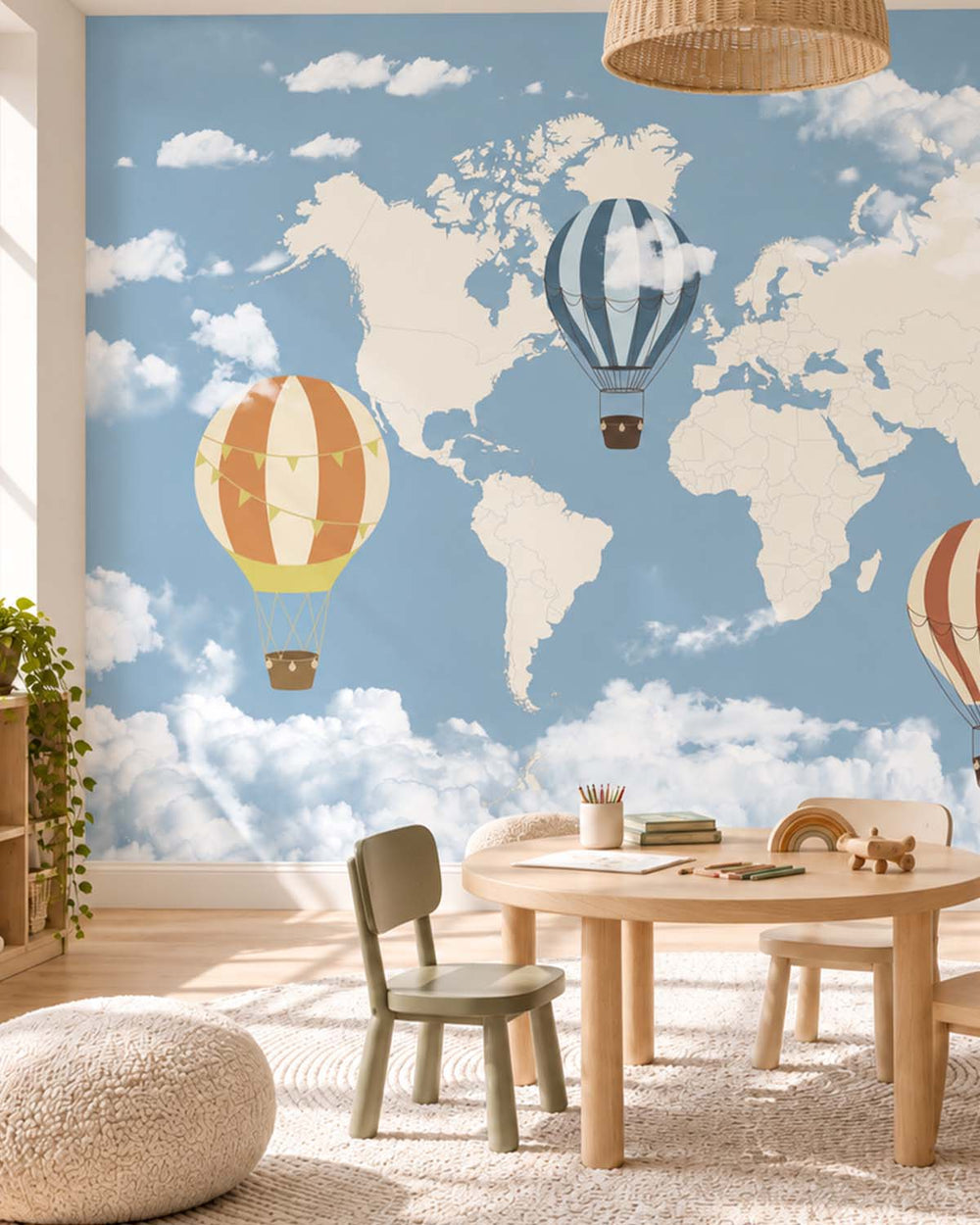 Blue Prince Vintage  Hot Air Balloon World Map Residential Mural RM9156