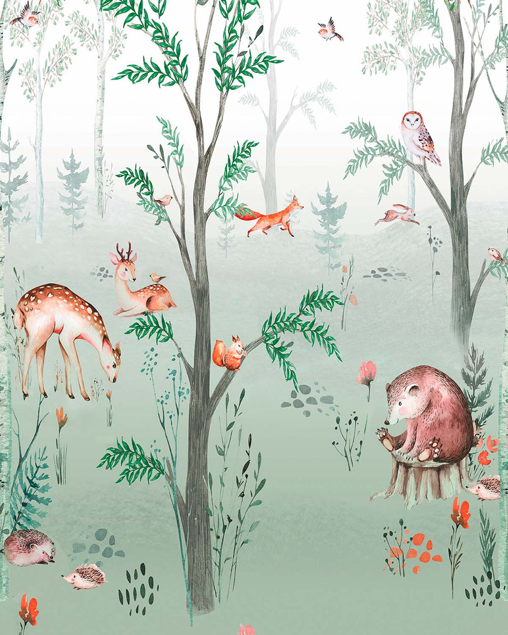 Subtle Green Enchanted Woodland Animals Residential Mural RM9159
