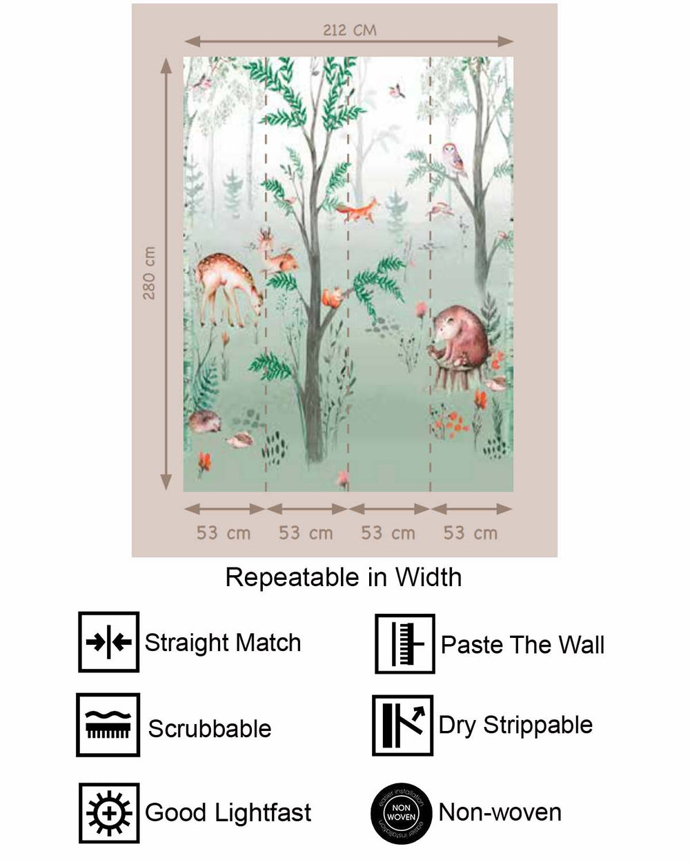 Subtle Green Enchanted Woodland Animals Residential Mural RM9159