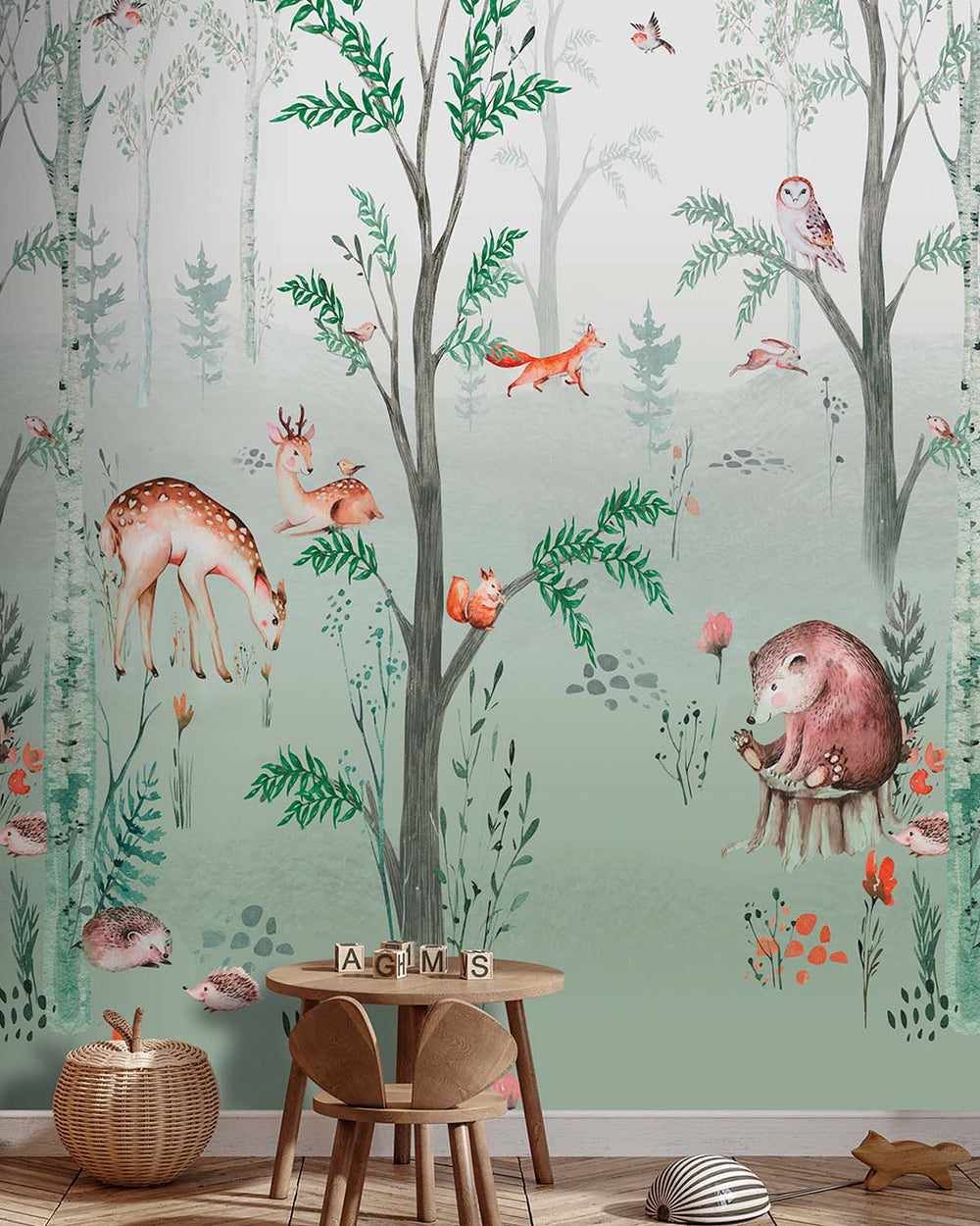 Subtle Green Enchanted Woodland Animals Residential Mural RM9159