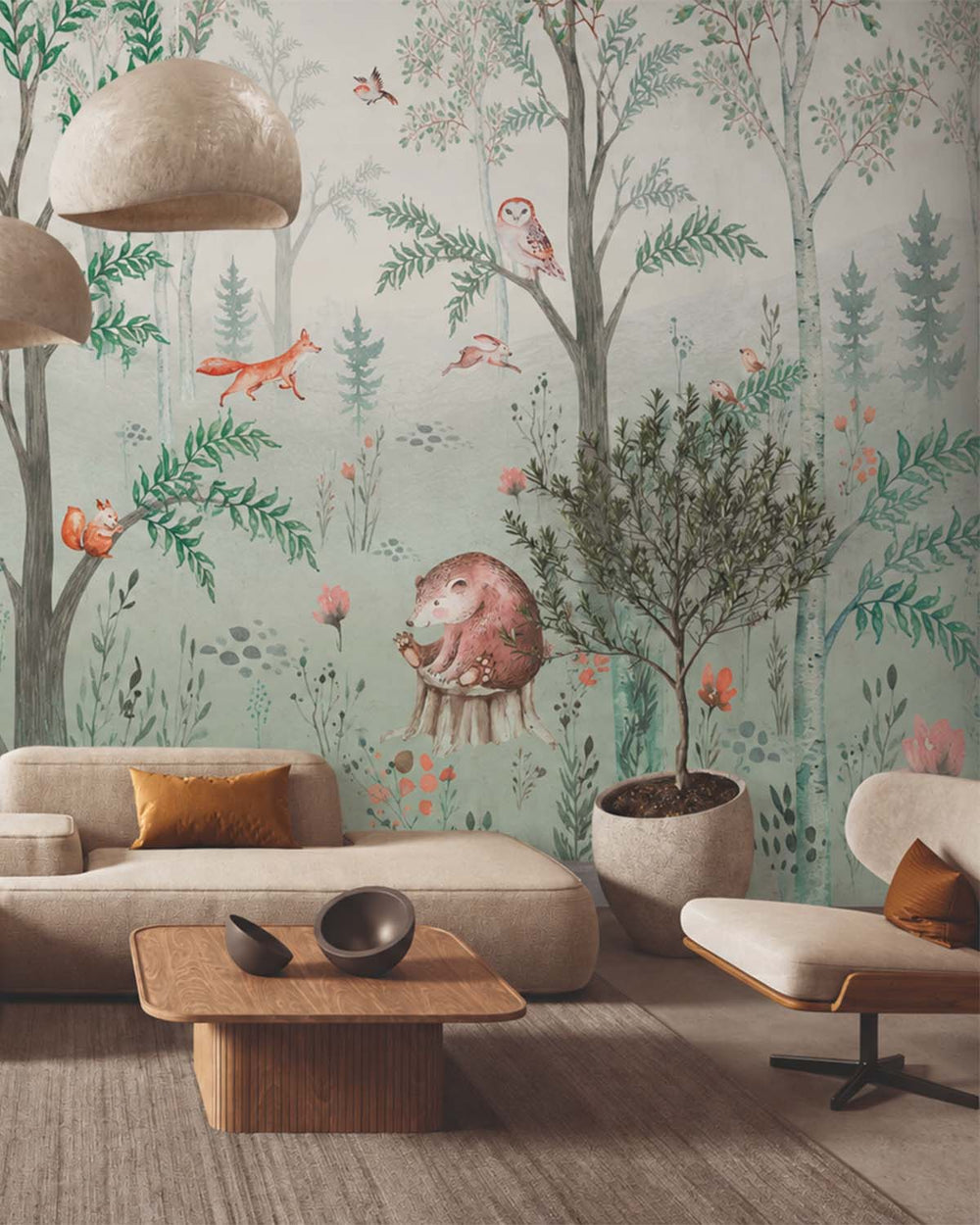 Subtle Green Enchanted Woodland Animals Residential Mural RM9159
