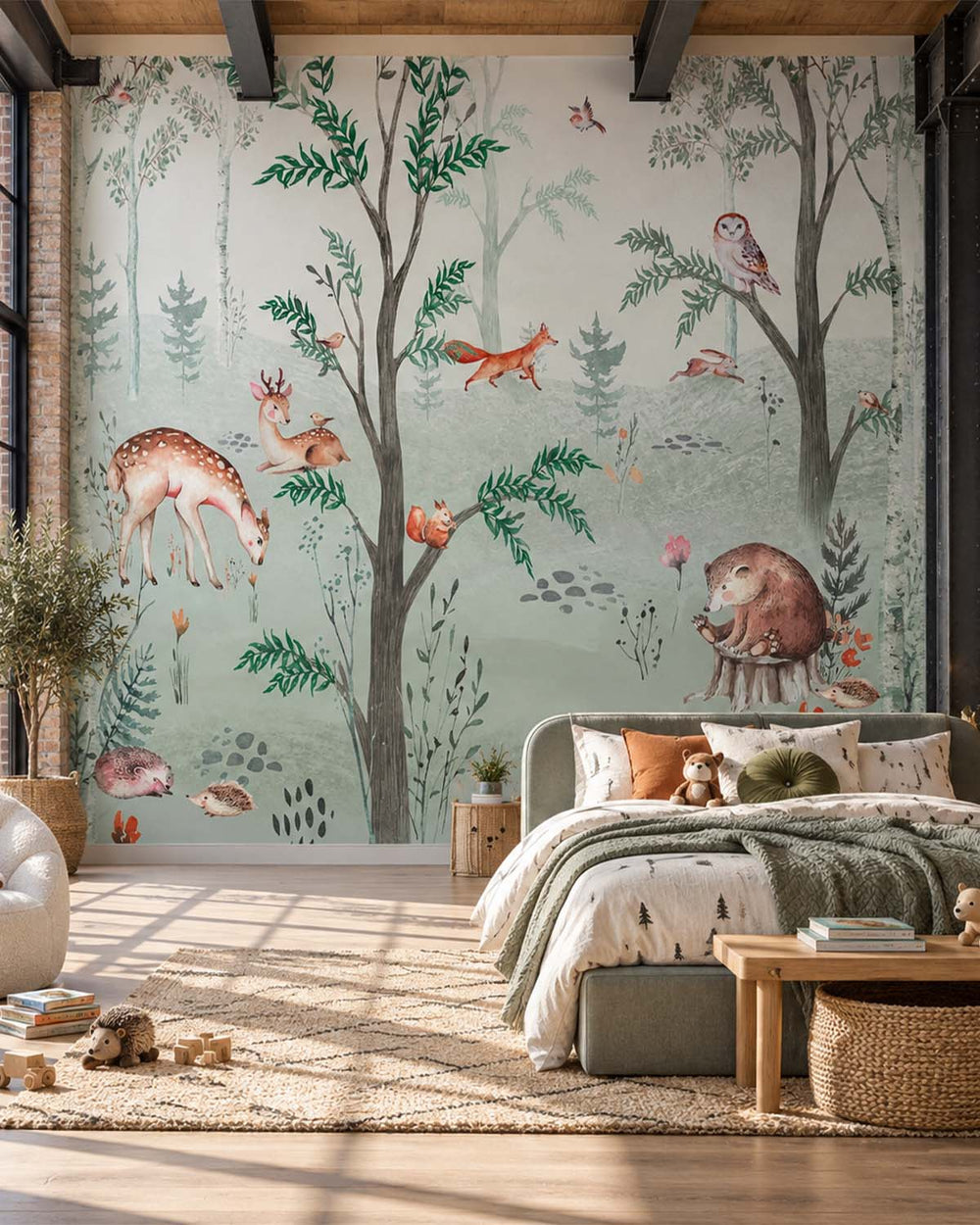 Subtle Green Enchanted Woodland Animals Residential Mural RM9159