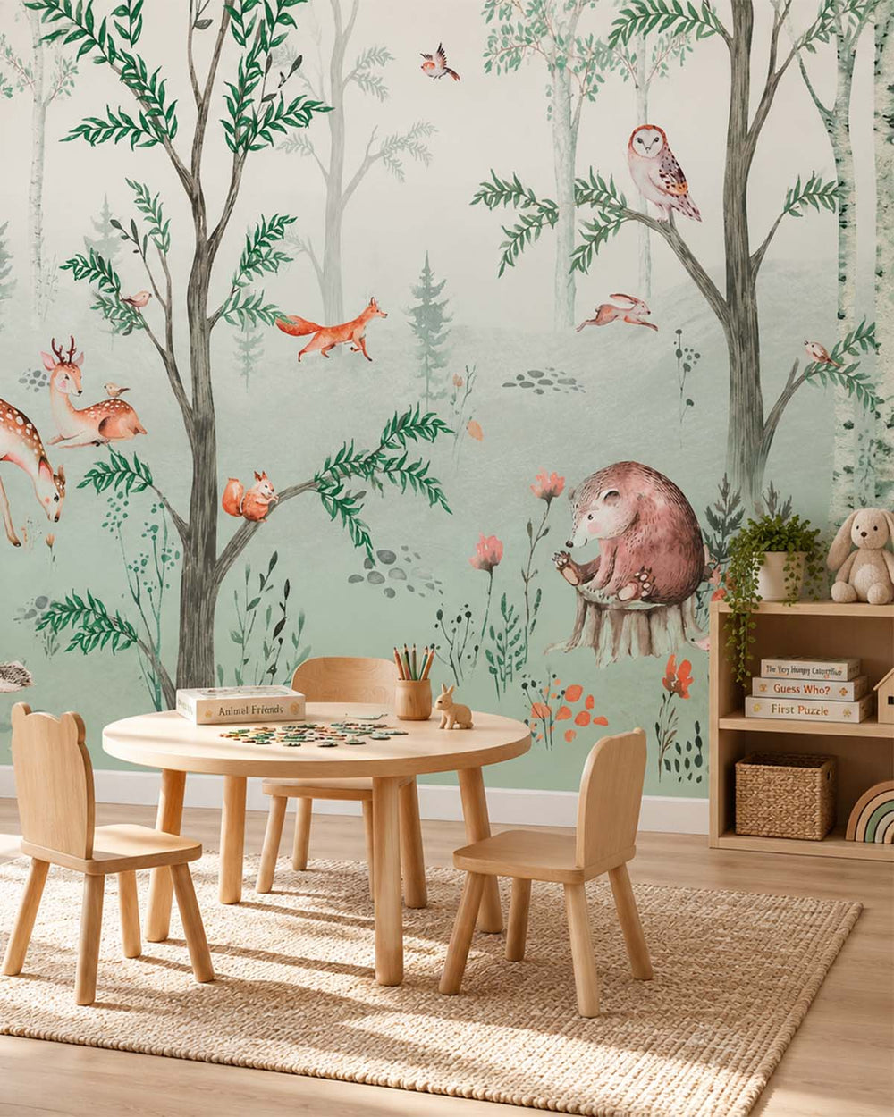 Subtle Green Enchanted Woodland Animals Residential Mural RM9159