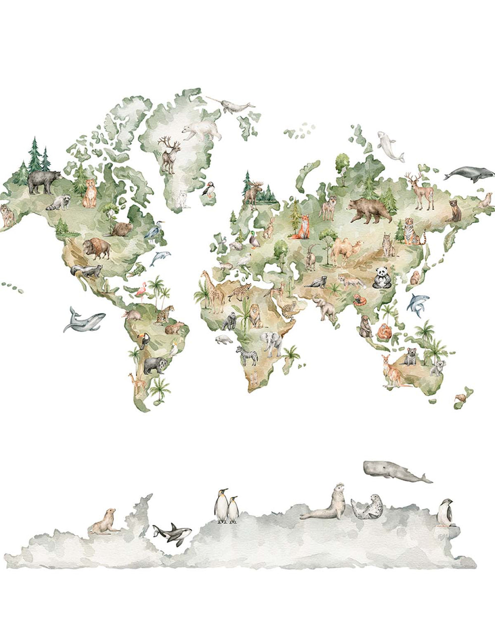 Pine Mist Watercolor Kids World Map Residential Mural RM9160
