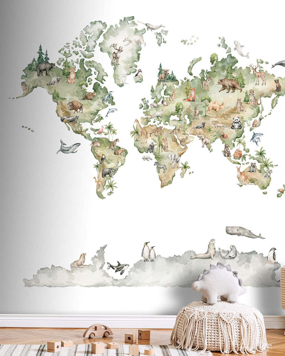 Pine Mist Watercolor Kids World Map Residential Mural RM9160