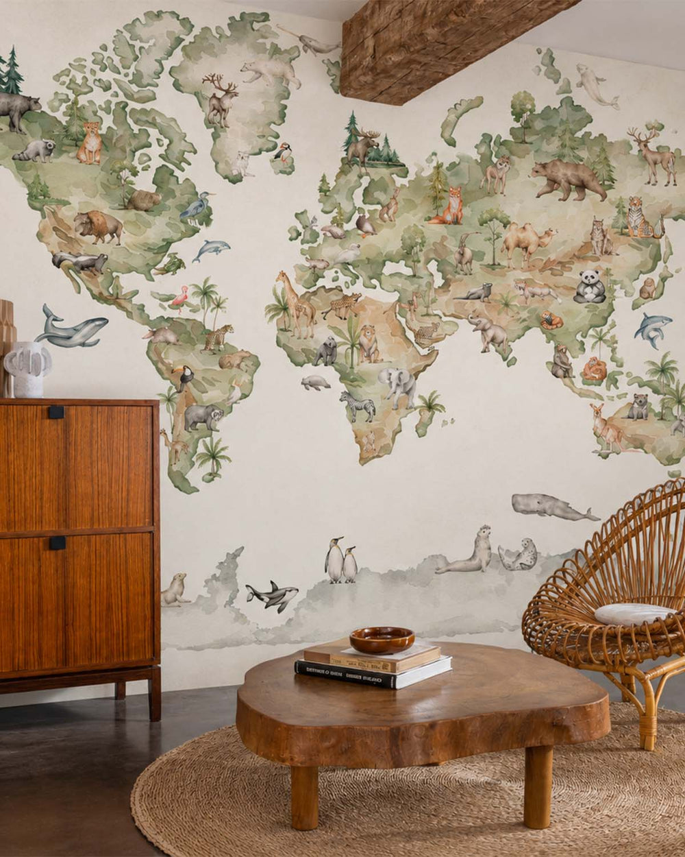 Pine Mist Watercolor Kids World Map Residential Mural RM9160
