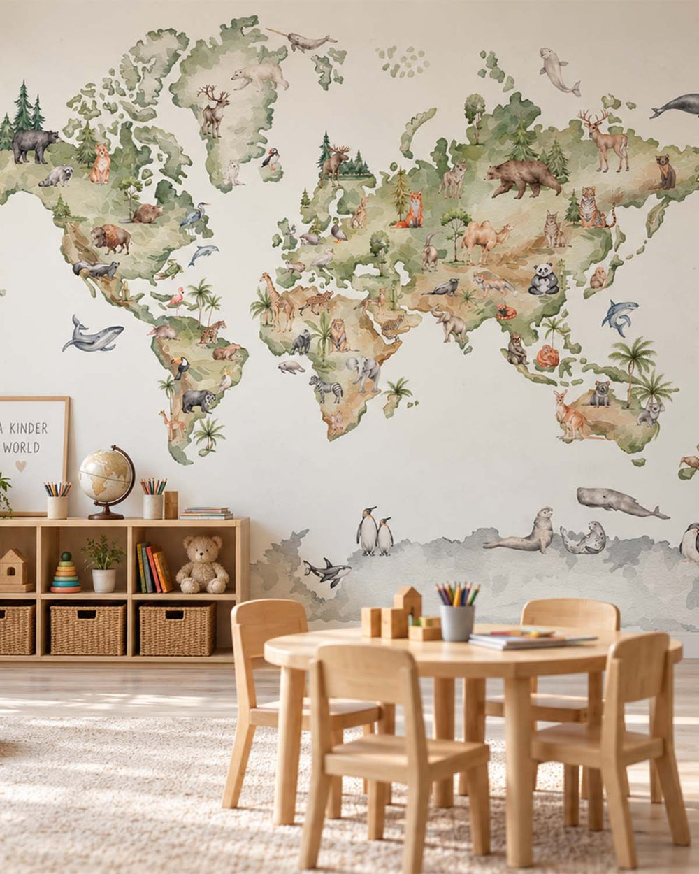 Pine Mist Watercolor Kids World Map Residential Mural RM9160