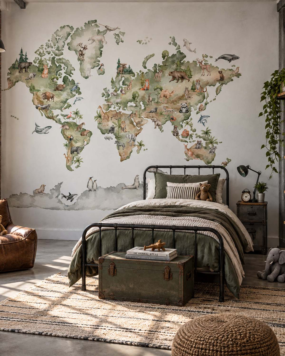 Pine Mist Watercolor Kids World Map Residential Mural RM9160