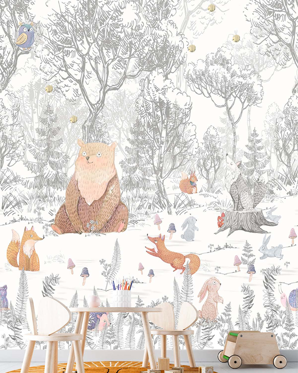 Noqrei Silver Scandinavian Sketch Forest Animals Residential Mural RM9161
