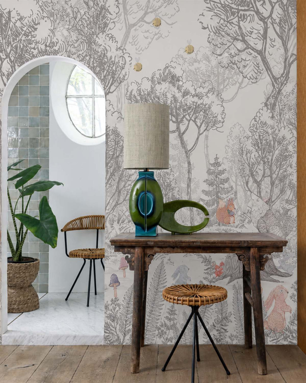 Noqrei Silver Scandinavian Sketch Forest Animals Residential Mural RM9161