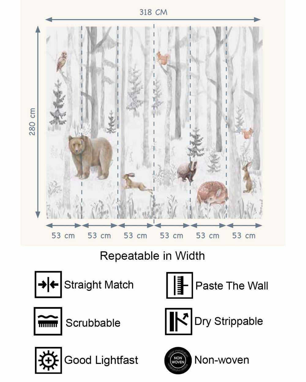 Rainy Grey Woodland Animals and Forest Nursery Residential Mural RM9162