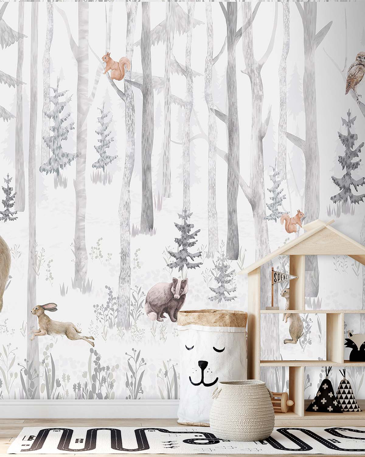 Rainy Grey Woodland Animals and Forest Nursery Residential Mural RM9162