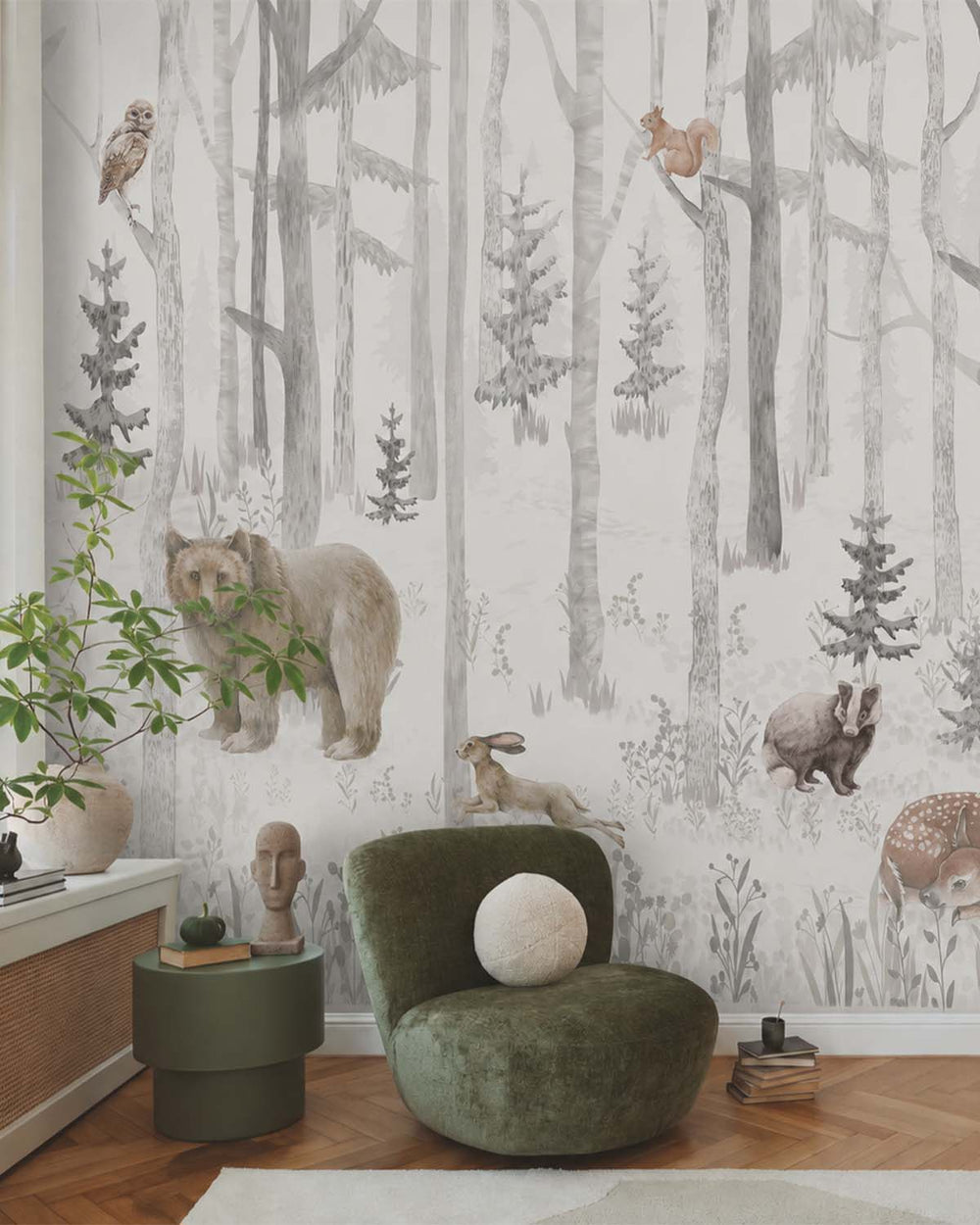 Rainy Grey Woodland Animals and Forest Nursery Residential Mural RM9162