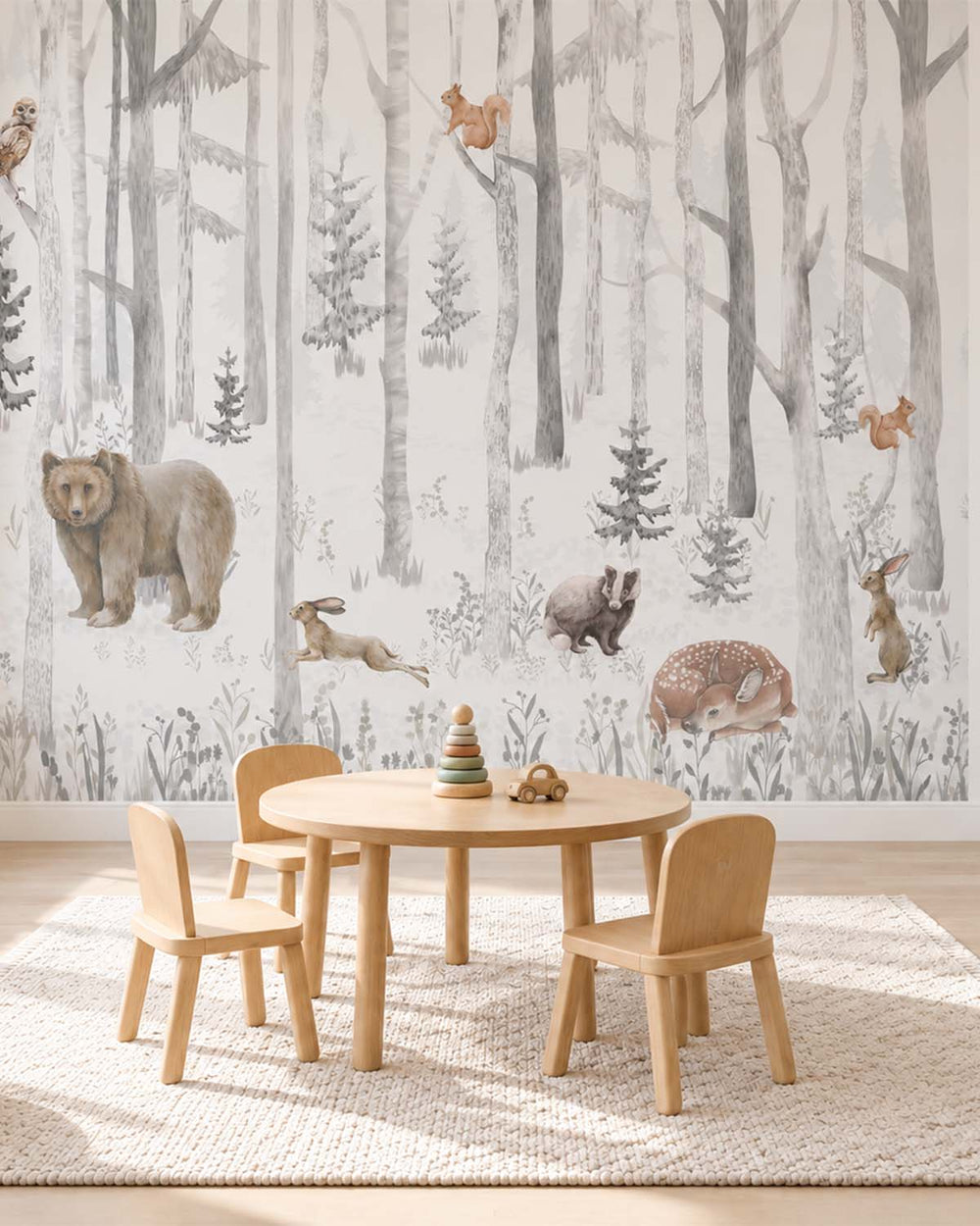 Rainy Grey Woodland Animals and Forest Nursery Residential Mural RM9162