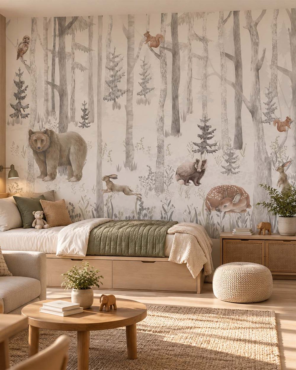 Rainy Grey Woodland Animals and Forest Nursery Residential Mural RM9162