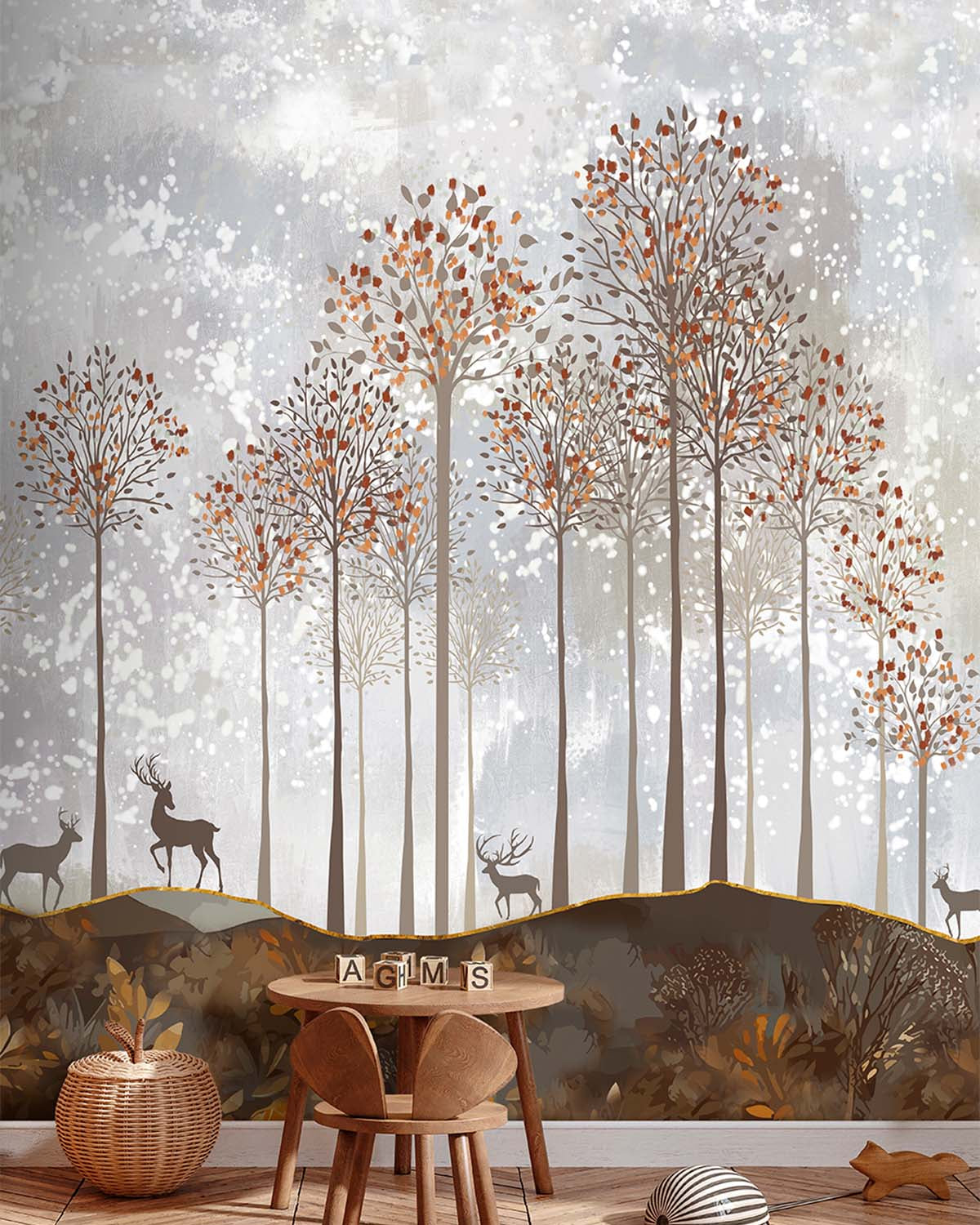 Real Brown Misty Forest and Deer  Residential Mural RM9166