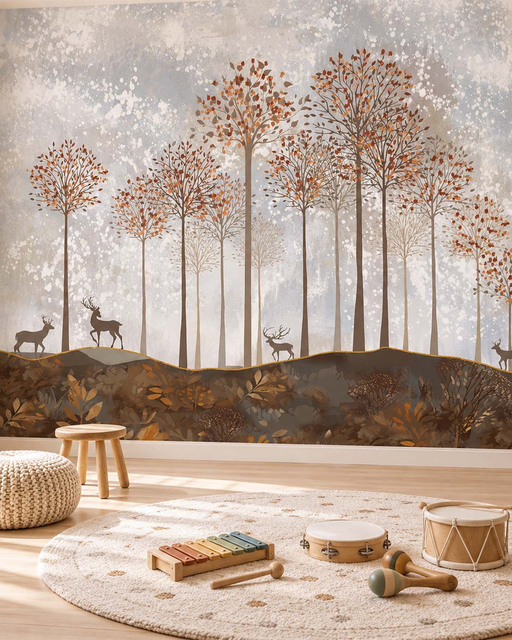 Real Brown Misty Forest and Deer  Residential Mural RM9166