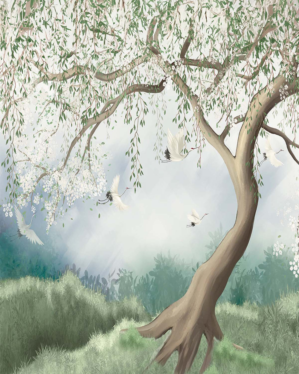 Oitake Green Chinoiserie Willow Tree & Flying Cranes Residential Mural RM9170