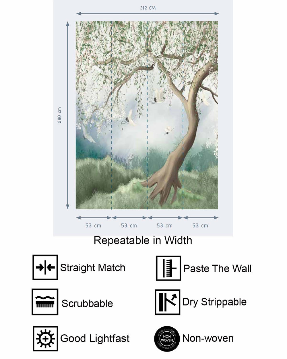 Oitake Green Chinoiserie Willow Tree & Flying Cranes Residential Mural RM9170