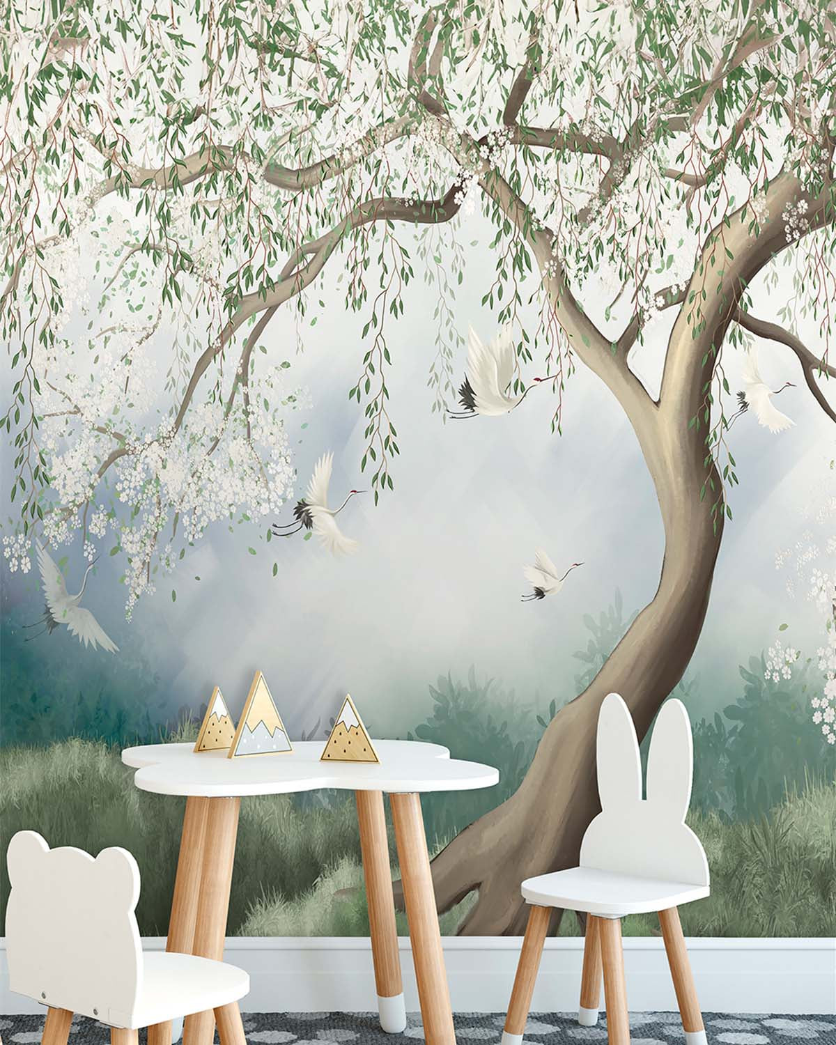 Oitake Green Chinoiserie Willow Tree & Flying Cranes Residential Mural RM9170