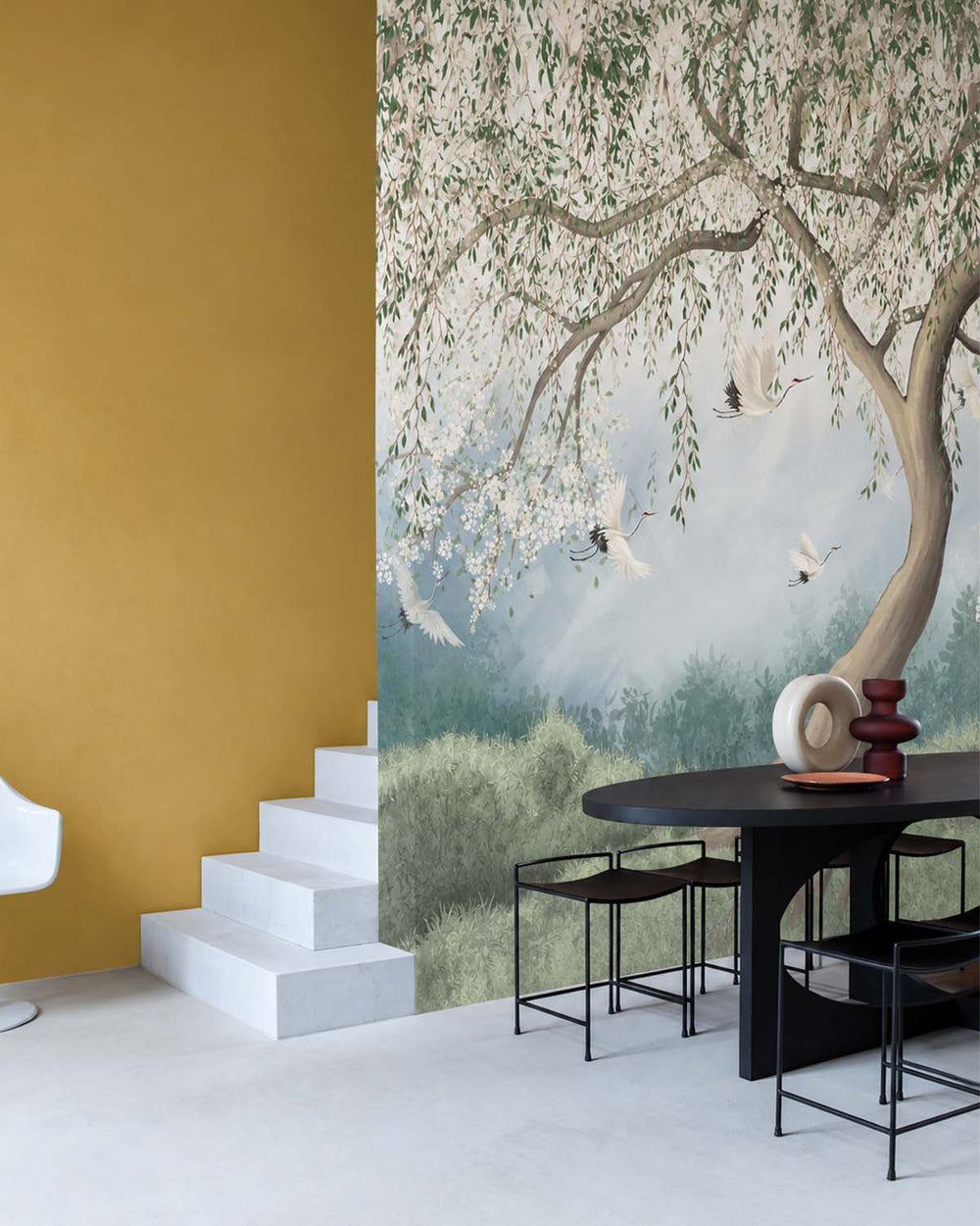 Oitake Green Chinoiserie Willow Tree & Flying Cranes Residential Mural RM9170