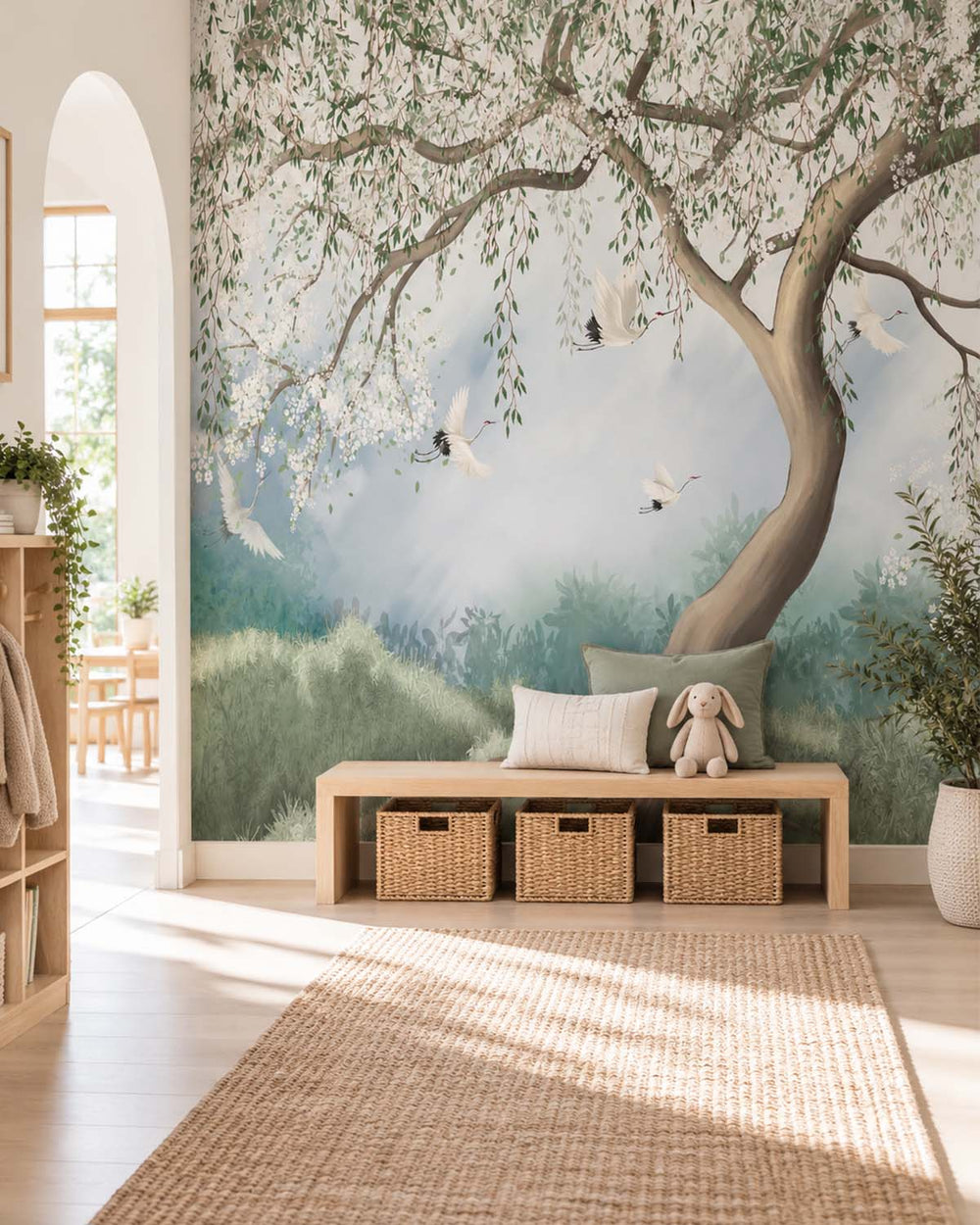 Oitake Green Chinoiserie Willow Tree & Flying Cranes Residential Mural RM9170