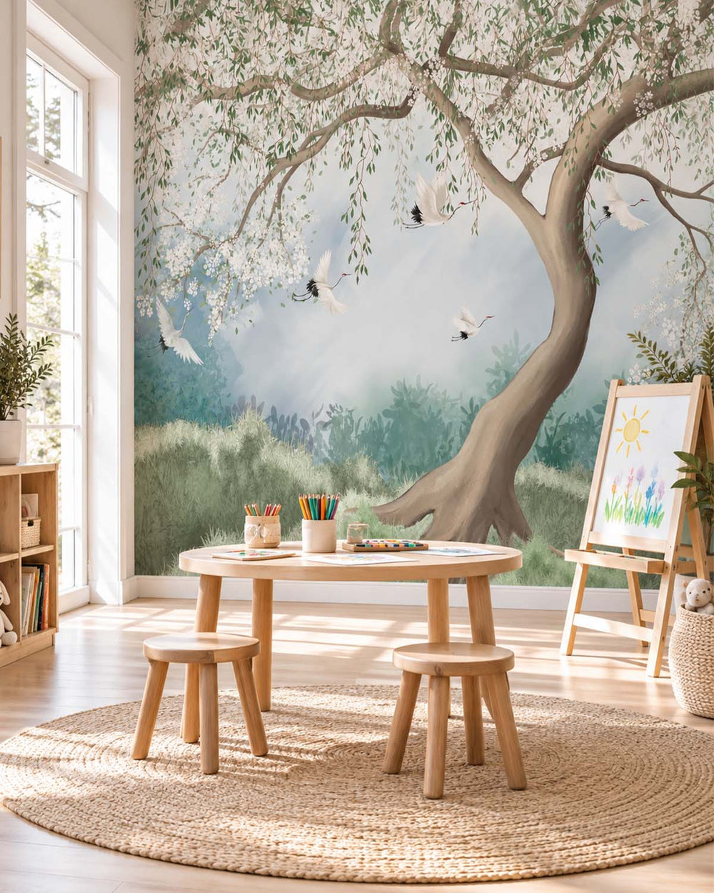 Oitake Green Chinoiserie Willow Tree & Flying Cranes Residential Mural RM9170