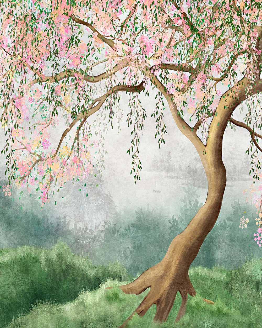 Zinnwaldite Chinoiserie Willow Tree & Flying Cranes Residential Mural RM9171