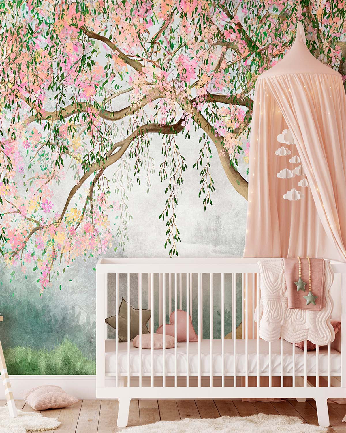 Zinnwaldite Chinoiserie Willow Tree & Flying Cranes Residential Mural RM9171